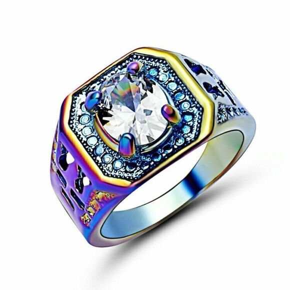 Jewelry - Oval Cut White Zircon Rainbow Rhodium Plated Ring